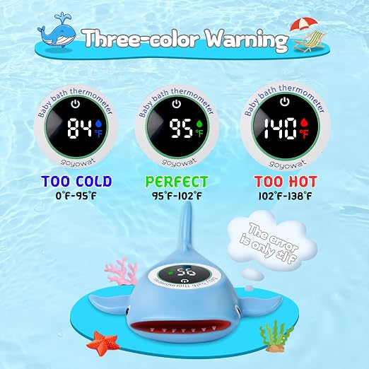 Baby Bath Thermometer, Floating Whale Toy - Baby Bathing Safety Monitor | Cold and Warm Dual Zone Color Code, Real-time Water Temperature Sensor, Detachable Floating Toy, Special Supply for Maternal