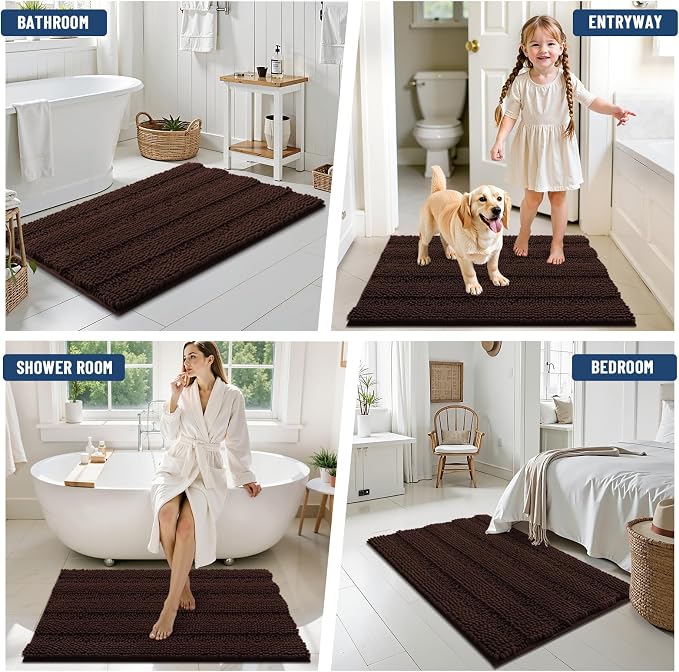 Grandaily Chenille Striped Bathroom Rugs 47x32, Extra Thick and Soft Absorbent Bath Mats, Rubber Backing, Plush Shaggy Shower Carpet, Machine Wash Dry, Bath Rug for Bathroom, Dark Brown