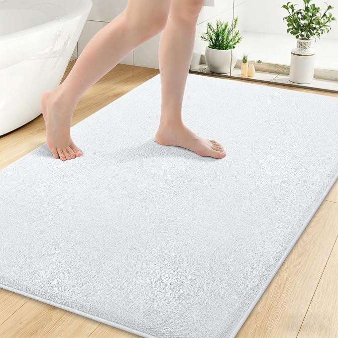 Smiry Memory Foam Bath Mat 48x32, Extra Soft Bathroom Rug, Ultra Absorbent, Quick Dry, Machine Washable Bathroom Mat for Shower, Tub & Floor Decor, White