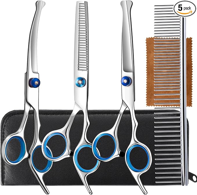 5 in 1 Upgraded Thicken Dog Grooming Scissors, Professional Dog Scissors for Grooming with Safety Round Tips, Lengnoyp Stainless Steel Thinning Shears, Pet Cat Shears for Grooming Kit