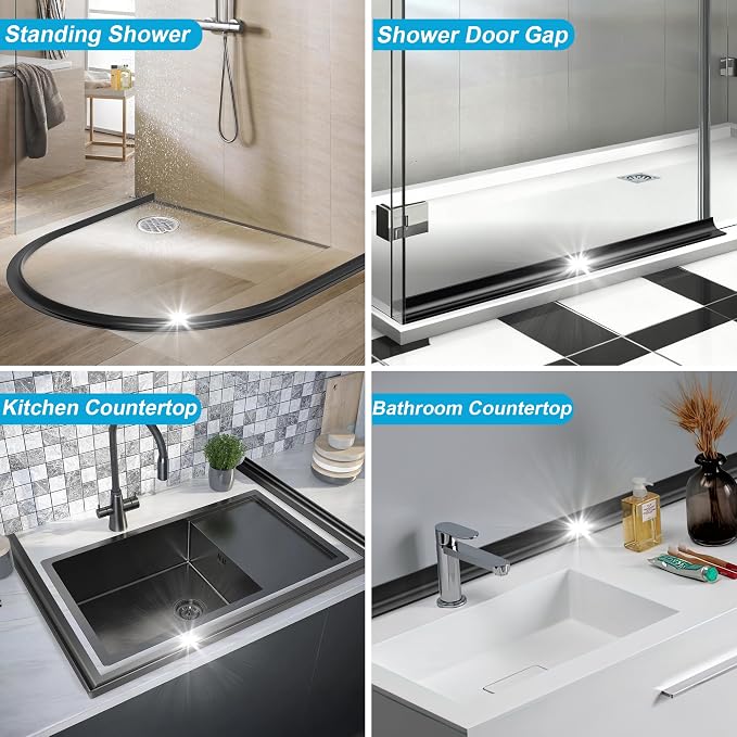 98Inch Shower Threshold Water Dam, Self-Adhesive Silicone Shower Barrier Water Stopper Shower Door Bottom Seal Strip Shower Splash Guard for Bathroom Kitchen Bathtub