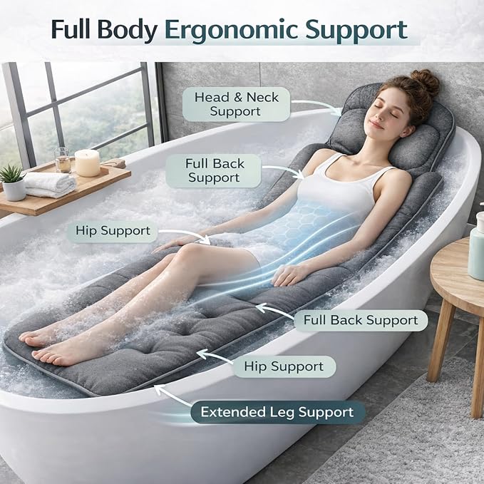 Full Body Bathtub Pillow, Extra Long & Thick Bath Cushion with Strong Suction Cups, Soft Head Neck & Back Support for Master Bathroom Evening Soaking (Black)