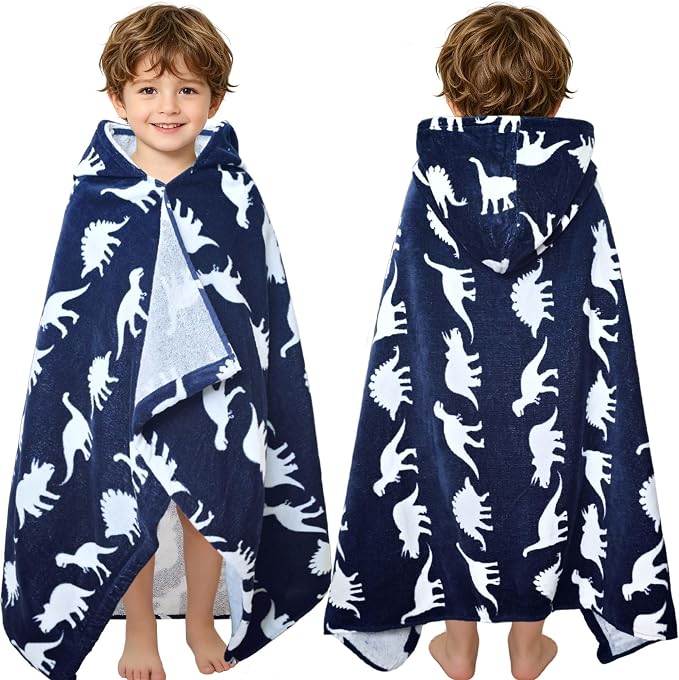 VOOVA & MOVAS Dino Toddler Hooded Beach Towel, 28"X41"(3-5T), Soft | Thick | 100% Cotton | Absorbent Hooded Towel Wrap for Boy, Perfect for Beach, Pool, Bath, Swimming