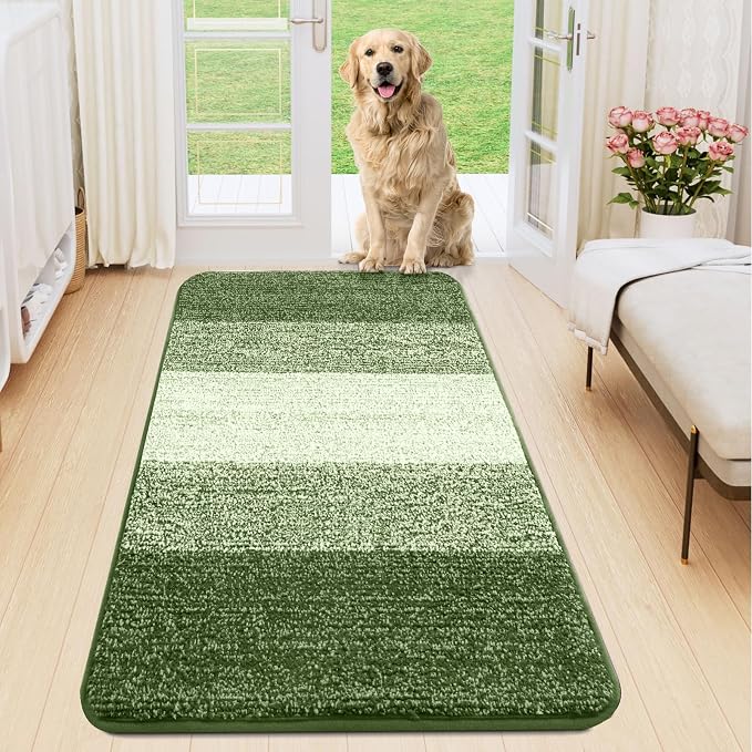 Smiry Dog Door Mat for Muddy Paws, Absorbs Moisture and Dirt, Low-Profile Entryway Mat with Non-Slip Backing, Entry Indoor Outdoor Doormat for Inside Floor (70x24 Inches, Green, Striped)