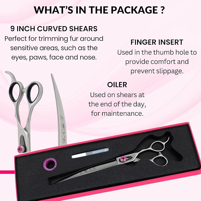Kenchii Love Dog Grooming Scissors, 9 Inch Curved Shears, Dog Scissors for Grooming, Professional Pet Grooming Scissors, Ergonomic & Comfortable