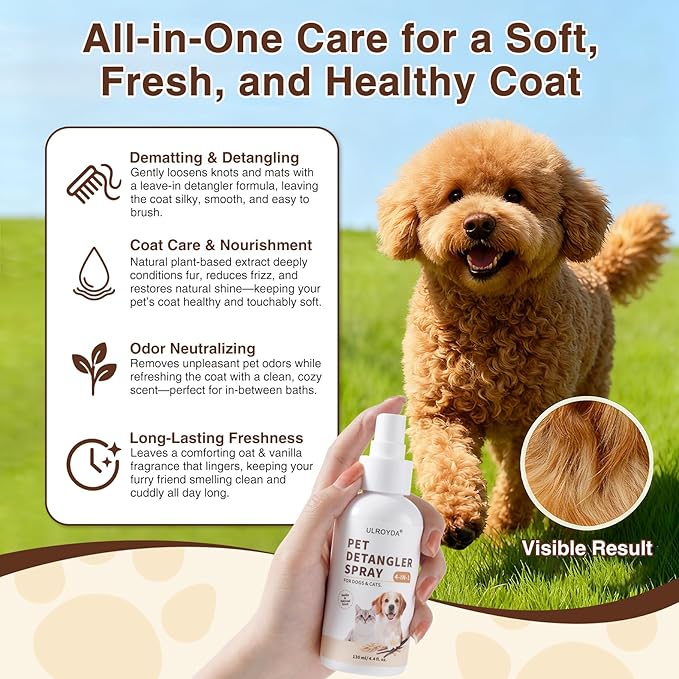 Dog Detangler & Dematting Spray – Leave-in Conditioner for Soft, Smooth Coats | Easy Tangle-Free Grooming with Oatmeal & Collagen | All Breeds, Light Fresh Scent, 4.4 oz