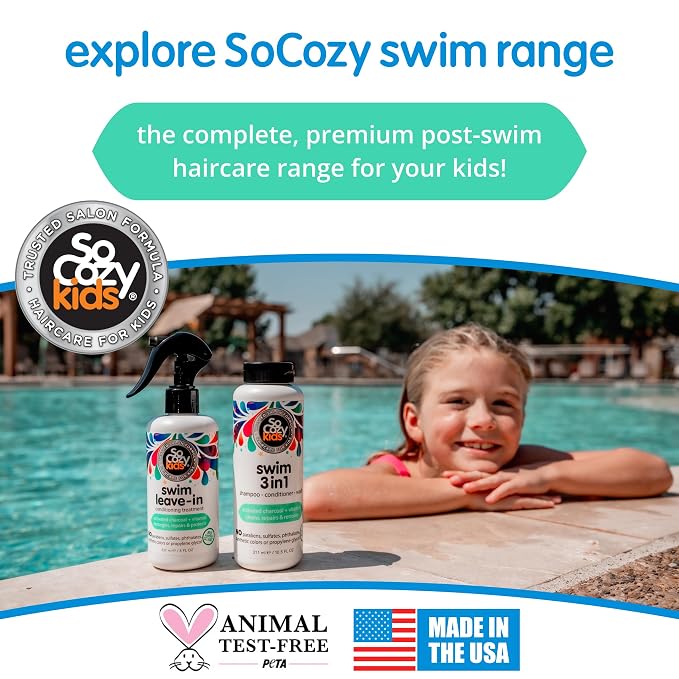 SoCozy Kids Swim 3-in-1 Shampoo, Conditioner & Body Wash - 3-in-1 Combo Pool Shampoo & Conditioner for Swimmers - Salt & Chlorine Removing Activated Charcoal