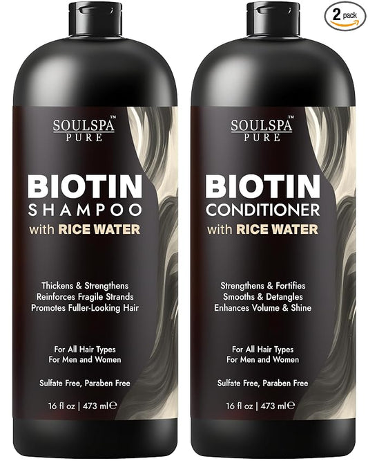 SOULSPA PURE Biotin Rice Water Shampoo and Conditioner Set - Thickening Formula with Rice Protein & Keratin - Strengthening Hair Care for Thinning Hair - 16 fl oz Each