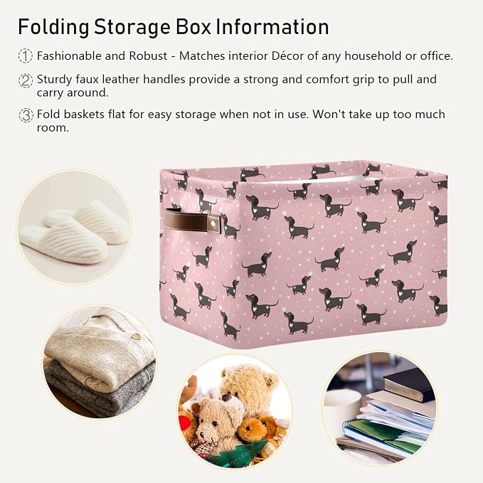 Pink Love Dachshund Dog Storage Basket Fabric Kitchen Baskets Cute Puppy Open Home Storage Bins Boxes Foldable Organizer Bag for Baby Cloth Pet Toy Book Shelf Closet Baskets 16×12×8 Inches 2 Pack