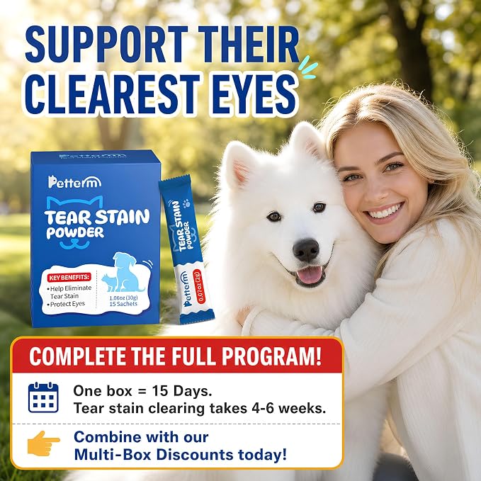 Tear Stain Remover Powder for Dogs & Cats, Probiotic Supplement, 15 Sachets | Pre-Measured Sachets, 6B Probiotics & Lactoferrin, Chicken Flavor for Picky Eaters, No Mess, Supports White Fur