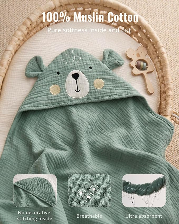 Blissful Diary Muslin Baby Hooded Towel, Soft and Absorbent Bath Towel for Newborn, Infant, Toddler, Unisex, 32″x32″ - Smart Bear