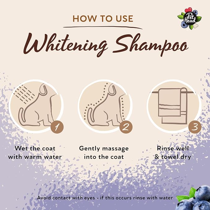 Pet Head Berry Bright Whitening & Colour Enhancing Dog Shampoo | Blueberry Scent | for Brightening White and Light Dog Coats | Neutralizes Yellow and Brassy Tones | Suitable for Puppies | 16 fl. oz.