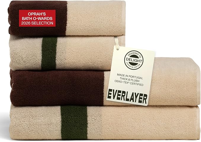 Everlayer Bath Towel Set 4 PCS, 2 Bath Towels + 2 Hand Towels, 550 GSM 100% Combed Cotton, Ultra Soft Luxury Bath Towels, Cotton Hand Towels, Made in Portugal, Wildwood Cognac - Janus