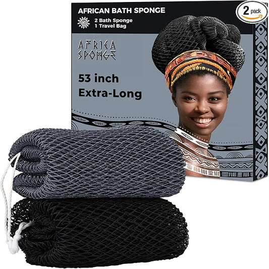 African Net Sponge Authentic - 2 Pieces 52IN Stretched Length Exfoliating Body Scrubber Bath Sponge - Loofah Washcloth Back Scrub for Shower Body Exfoliator
