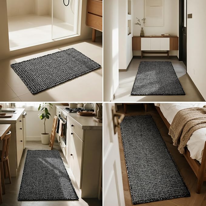 Triohero Waffle Bath Mat, Boho Bathroom Rugs Non Slip Washable, Ultra Soft Super Absorbent Quick Dry Farmhouse Bathroom Decor, 24" x 36", Black & White