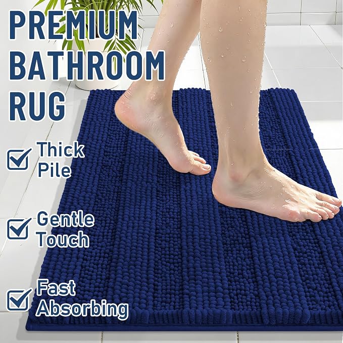 Grandaily Chenille Striped Bathroom Rugs 59x35, Extra Thick and Soft Absorbent Bath Mats, Rubber Backing, Plush Shaggy Shower Carpet, Machine Wash Dry, Bath Rug for Bathroom, Navy Blue