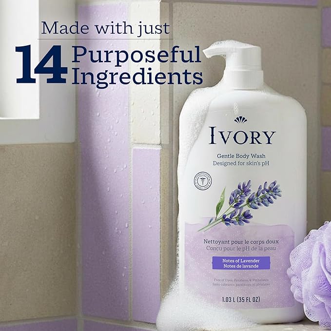 Ivory Body Wash, Designed for the Whole Family, Gentle Formula, Free of Dyes Heavy Perfumes Parabens Phthalates & Silicones, Lavender Scent, 35 oz