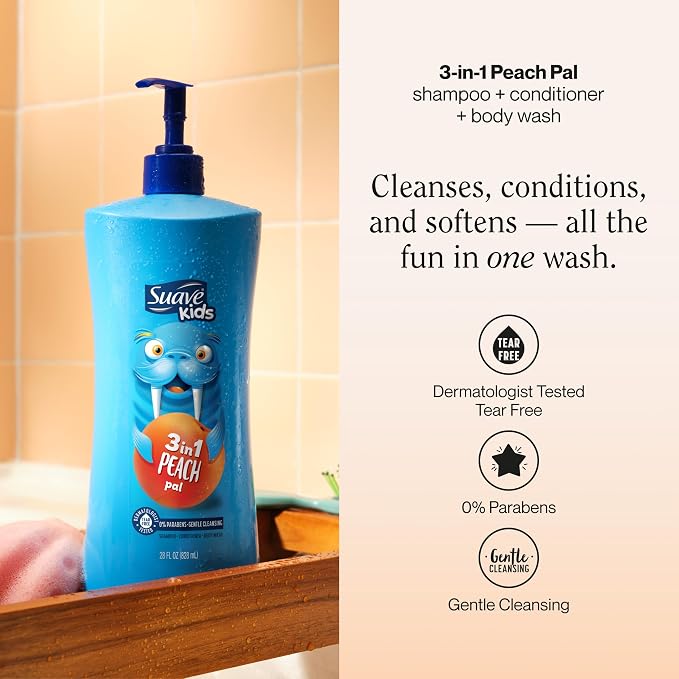 Suave Kids 3-in-1 Tear Free, Body Wash, Shampoo and Conditioners, Dermartologist Tested, Peach Pal, 28 Oz Pack of 4
