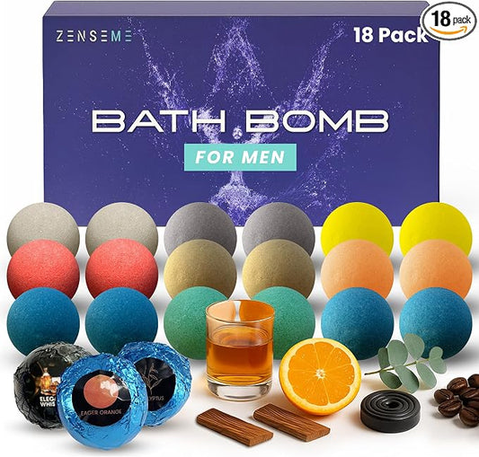 Bath Bombs for Men - Gift Set of 18 Scented Handmade Natural Bath Bombs of 2.5 oz w/Essential Oils, Unique Manly Scents, for Boyfriend, Husband, Father - 18 Pack