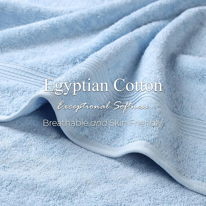 Superior Egyptian Cotton Bath Towel Set, Home Bathroom Towels, Master, Guest Bath, Decor Essentials, Quick Dry, Absorbent, Large Body Towels, Spa, Hotel, Resort, Adult, Kids, Set of 2, Light Blue