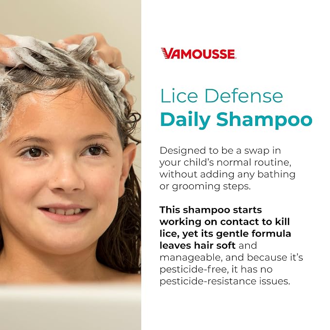 Vamousse Head Lice Defense Daily Shampoo, Homeopathic Pesticide-Free Formula with Tea Tree Oil, After Exposure Defense for Kids &Family, Paraben, Sulfate & Dye Free, 13.5 Oz