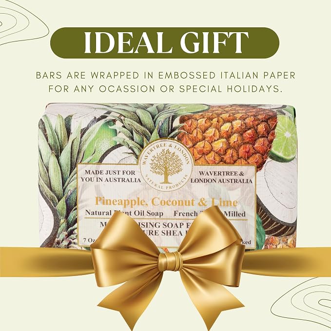 Wavertree & London Pineapple, Coconut & Lime Scented Natural Soap Bar, 7oz Moisturizing French Triple Milled Soap Bar for Women & Men Enriched with Organic Shea Butter, Pure Bath & Body Soap (1 Bar)