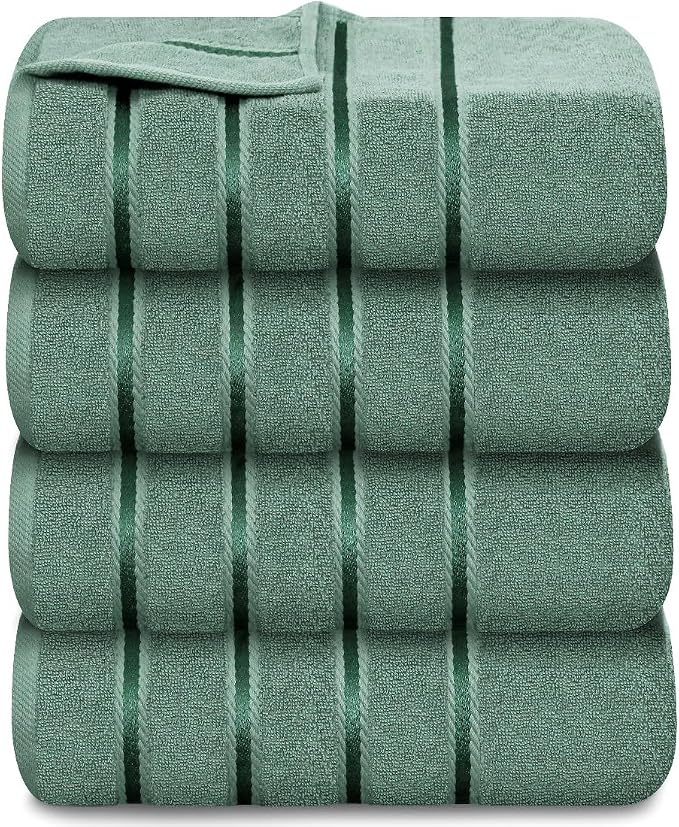 Luxury Bath Towels Set of 4, 27x54 Inches 600GSM 100% Cotton Ring Spun – Daily Use Highly Absorbent Viscose Stripe Bath Towel Sets for Bathroom, Hotel, Spa (Sage Green)