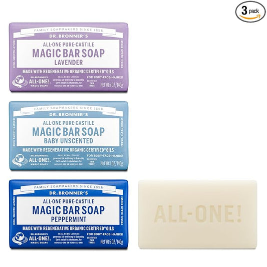 Dr. Bronner's Pure-Castile Magic Bar Soap- Made with Regenerative Organic Certified Oils- For Face, Body, Hair, Vegan Soap Bars for Men & Women- Variety 3-Pack, Peppermint Lavender, Unscented