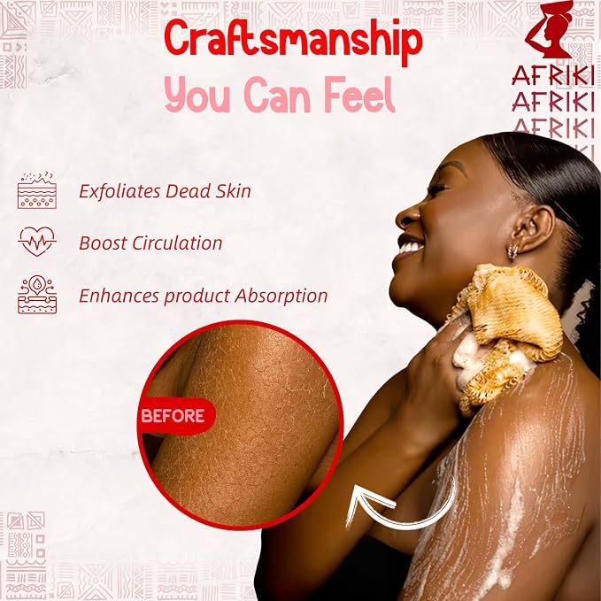 African Net Sponge, Premium Authentic Exfoliating Body Scrubber, Extra Long Stretch Bath Sponge for Shower, Deep Exfoliating Washcloth for Smooth Skin, 1 Pack (Red)
