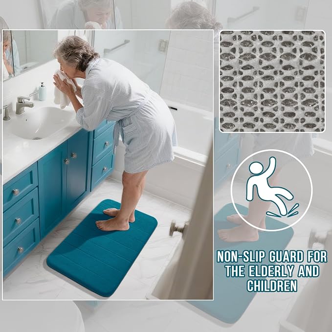Yimobra Memory Foam Bath Mat Set 2 Piece - Super Soft Absorbent Quick Dry Bathroom Toilet Rugs, Machine Washable Non Slip Floor Carpet for Tub Shower & Single Sink (31.5x20 & 24x20, Peacock Blue)