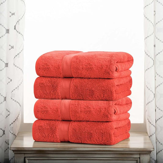 Superior Egyptian Cotton Plush & Absorbent, Bath Towel Set of 4, Coral | Quick Dry, Soft Luxury Towel Set, Bath Essentials for Bathroom, Guest Bath, Spa, 4 Piece Bath, Madeline Towels