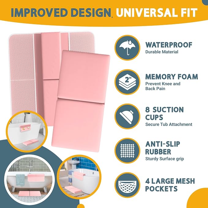 Memory Foam Bath Kneeler and Elbow Rest Pad Set, 2-Inch Thick | Water-Resistant, Anti Slip Bottom , 8 suction cups, Carry Bag , Great Baby Gift