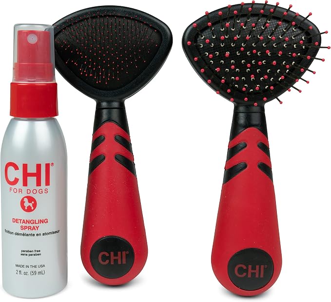 CHI for Dogs Small Dog Detangling Kit, 3-Piece Grooming Set with Detangling Spray, Slicker Brush, and Double-Sided Pin-and-Bristle Brush for Small Breeds with Tangles and Mats, Includes Zipper Pouch