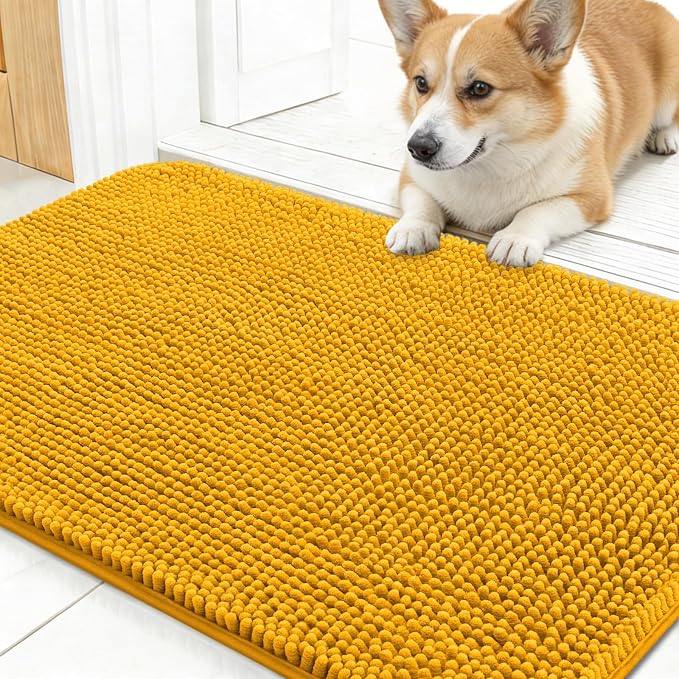 OLANLY Dog Door Mat for Muddy Paws 30x17, Absorbs Moisture and Dirt, Absorbent Non-Slip Washable Doormat, Quick Dry Chenille Mud Mat, Entry Indoor Entryway Carpet for Inside Floor, Golden Yellow