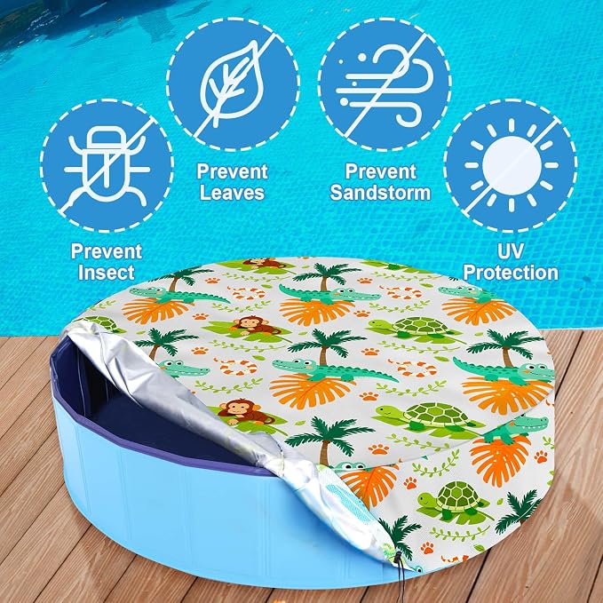 Foldable Dog Pool Cover – Waterproof Round Pet Dog Kiddie Bath Tub Lid Cover, Fit for 32/48/63 Inch Pools, Outdoor Portable Puppy Pool Accessories (M-48 * 12, Beach Element-2)