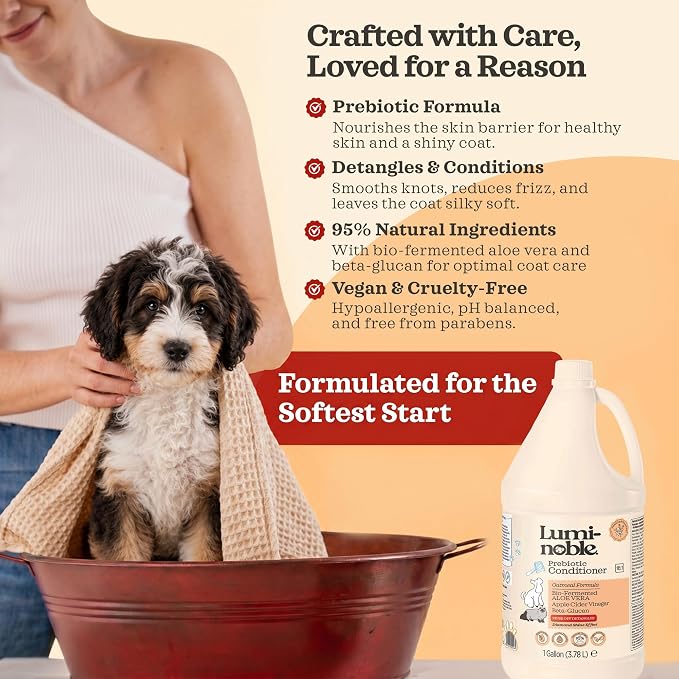 Lumi-Noble Vegan Prebiotic Cat & Dog Conditioner Detangler- Hypoallergenic Puppy & Dog Conditioner with Oatmeal & Vanilla Formula– Detangling & Moisturizing for Sensitive Skin – Gallon Size