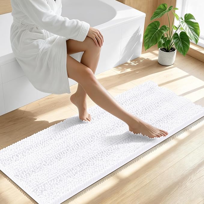 Smiry Thick Chenille Bathroom Runner Rugs 47x17, Extra Absorbent Striped Bath Mat, Machine Washable, Rubber Backing, Long Bath Rugs for Tub & Shower, Modern Home Decor Accessories, White