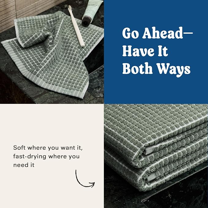 ONSEN Sculpted Terry Hand Towels, 100% American Cotton, Quick Dry Lint Free, Lightweight Absorbent Hand Towel Set with Hanging Loop, 20x30 in (Spruce, 2X Hand Towel)