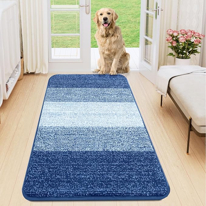 Smiry Dog Door Mat for Muddy Paws, Absorbs Moisture and Dirt, Low-Profile Entryway Mat with Non-Slip Backing, Entry Indoor Outdoor Doormat for Inside Floor (44x24 Inches, Navy Blue, Striped)