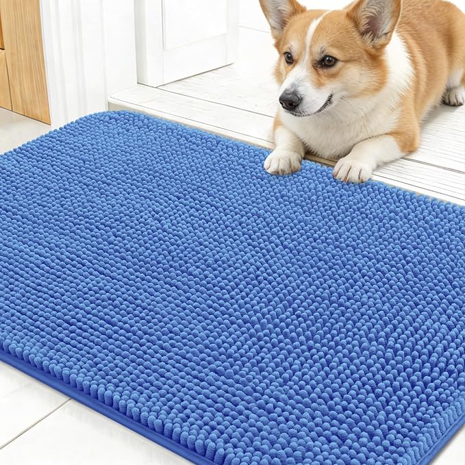 OLANLY Dog Door Mat for Muddy Paws 30x17, Absorbs Moisture and Dirt, Absorbent Non-Slip Washable Doormat, Quick Dry Chenille Mud Mat, Entry Indoor Entryway Carpet for Inside Floor, Cornflower Blue