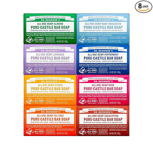 Dr. Bronner's Pure-Castile Magic Bar Soap (5 oz Variety Pack) Almond, Unscented, Lavender, Peppermint, Citrus, Rose, Tea Tree, & Eucalyptus - Made with Regenerative Organic Certified Oils, Vegan