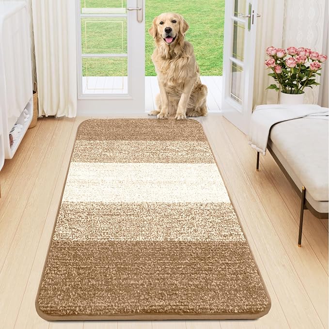 Smiry Dog Door Mat for Muddy Paws, Absorbs Moisture and Dirt, Low-Profile Entryway Mat with Non-Slip Backing, Entry Indoor Outdoor Doormat for Inside Floor (54x24 Inches, Camel, Striped)
