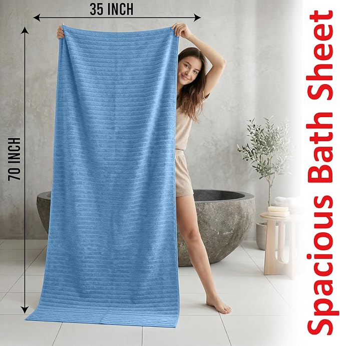 RIVERSIDE Pack of 2 Extra Large Bath Sheet Towels, 35 x 70 Inches, 600 GSM, Ribbed Stripe, 100% Cotton - Super Soft, Highly Absorbent & Quick Dry for Bathroom, Spa & Hotel, Electric Blue