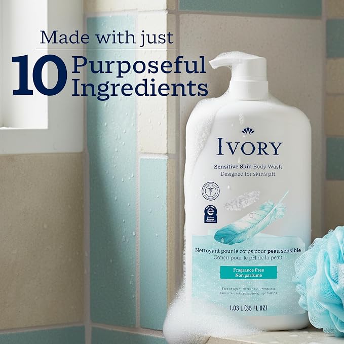 Ivory Sensitive Body Wash, Fragrance-Free, Designed for the Whole Family, Gentle Formula, Free of Dyes Heavy Perfumes Parabens Phthalates & Silicones, Designed for Skin's pH, 35 oz