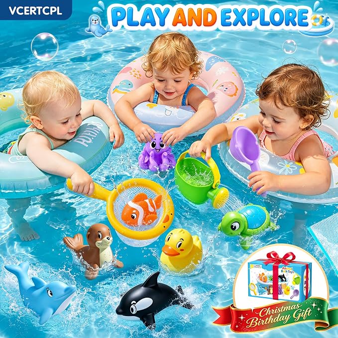 Vcertcpl Bath Toys for Kids Toddler Bathtub Toys, No Hole Baby Bath Toys with Floating Rubber Animals, Watering Can, Duck Net and Spoon, 11 Pack Bathtub Sand Beach Pool Toys Water Toys for Kids