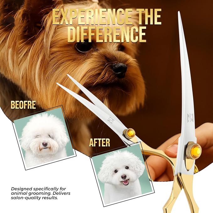 ZAVRIX Professional Dog Grooming Scissors – 7.5” Curved Thinning Shears with 34 Teeth, Pet Chunkers for Dogs & Cats, Premium 440C Stainless Steel Grooming Tools (Golden Polish Curved Scissor)