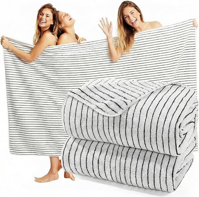 2 Pack Oversized Bath Towels 40 x 80 in Coral Fleece Extra Large Black and White Striped Bath Sheets Microfiber Quick Dry Absorbent Shower Towel for Beach Pool Hotel Bathroom Spa Gym