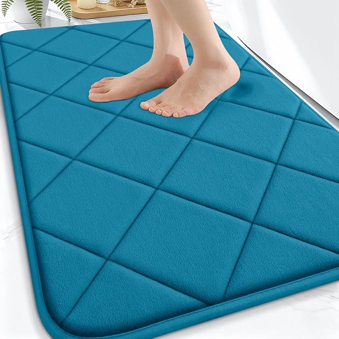 OLANLY Memory Foam Bath Mat 30x20, Ultra Soft and Absorbent Bathroom Rugs, Machine Washable, Comfortable Bath Carpet for Bathroom Floor, Tub and Shower, Peacock Blue