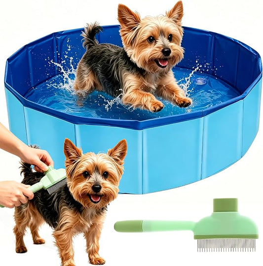 Koliva Foldable Pet Swimming Pool 24x8 Inch, Dog Bath Tub with Drain Hole & Pet Brush | Non-slip bottom & drain outlet, lightweight, for dog cat puppy bathing & play