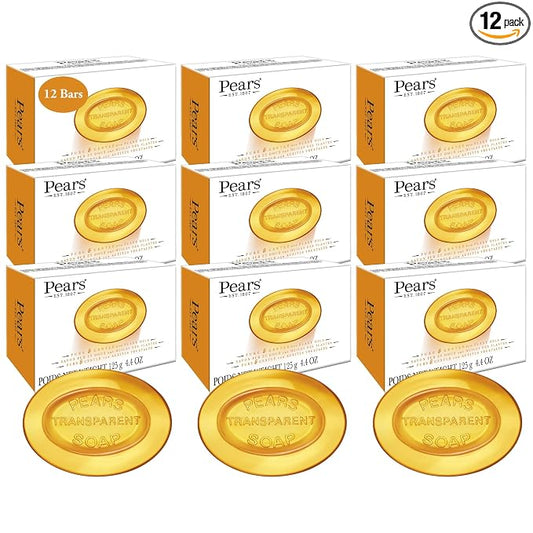 Pears Soap, Pure & Gentle with Natural Oils, 12-Pack – Transparent Amber Glycerin Soap for Pampered, Glowing Skin, 4.4 Oz Ea